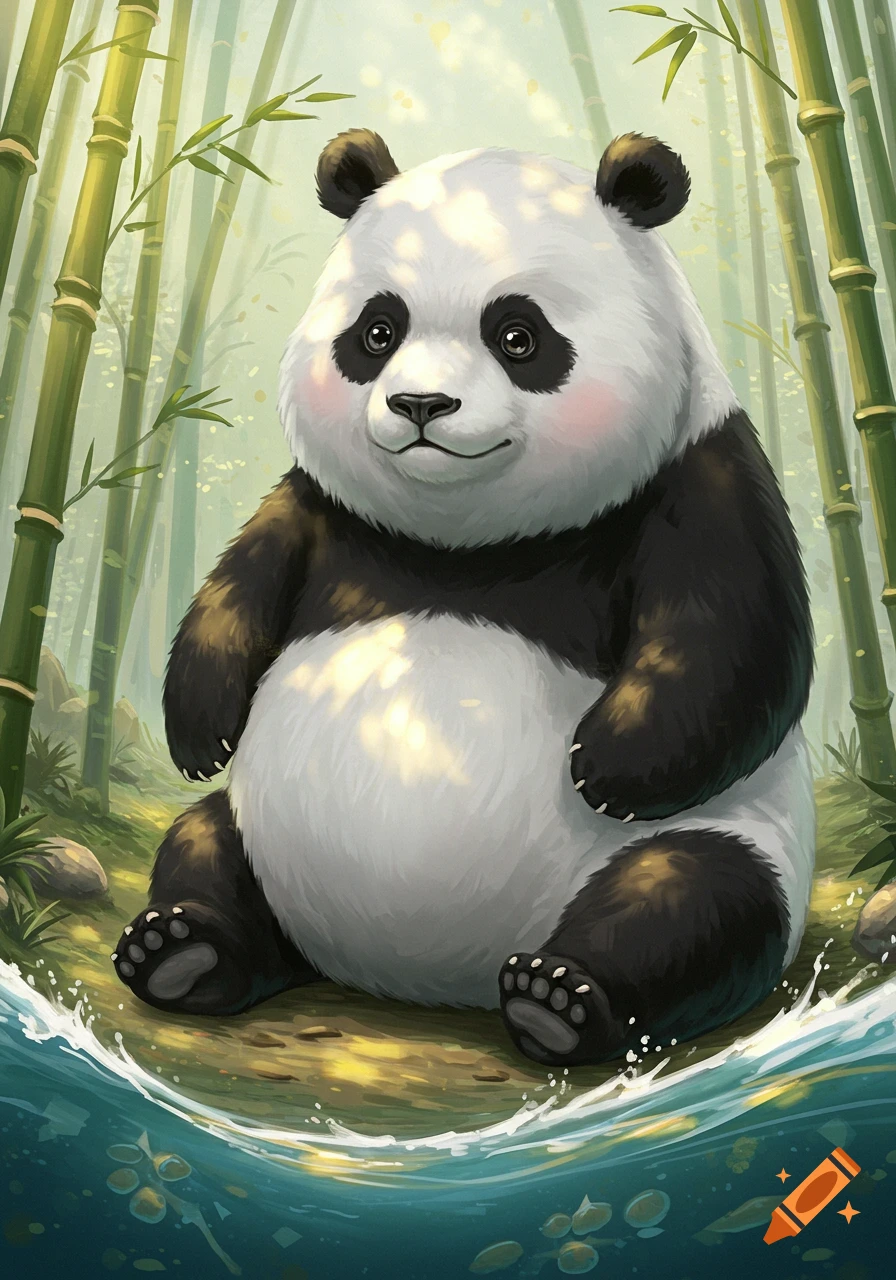 A fluffy panda bear sits smiling by a pond in a bamboo forest, digital illustration.