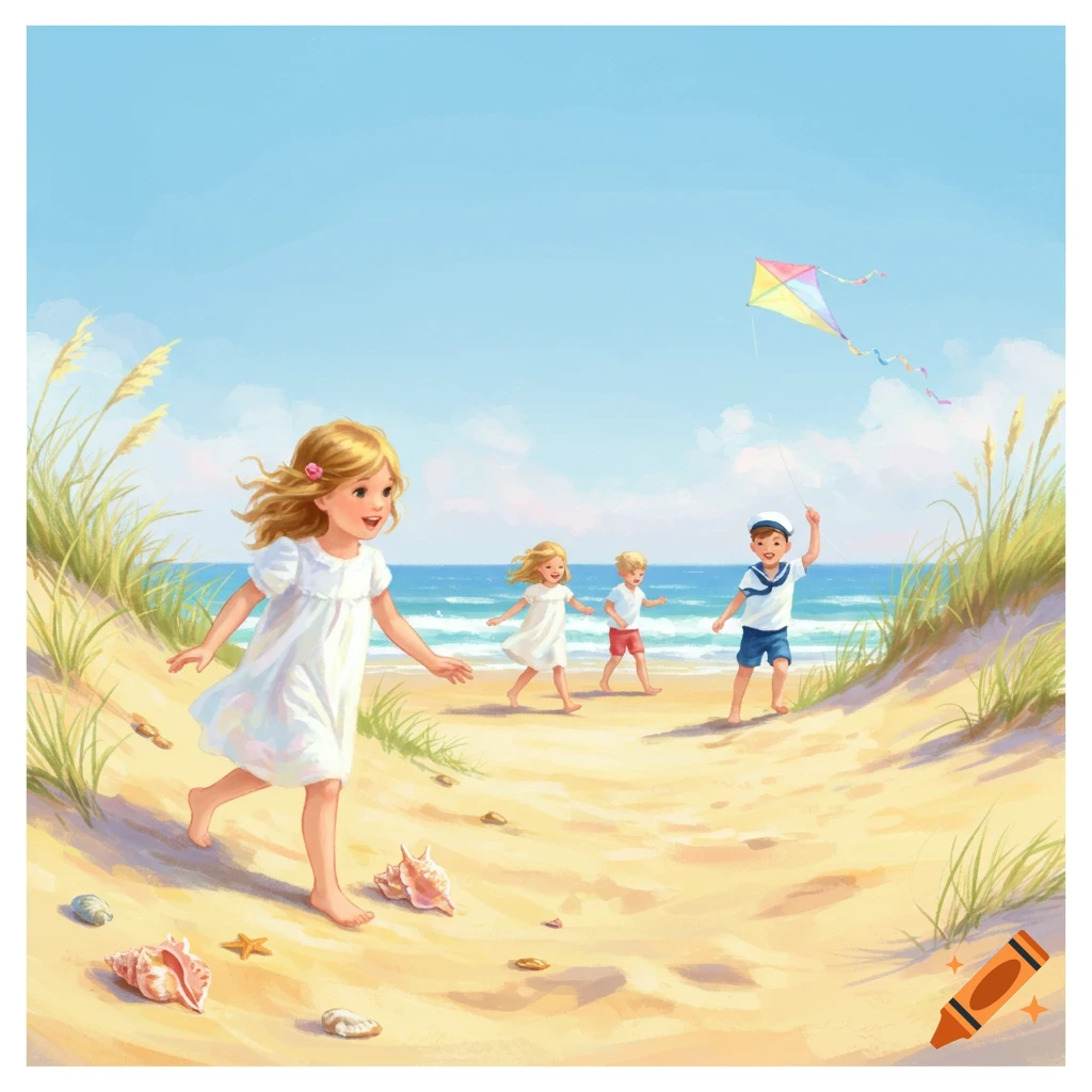 Illustrated image of four happy children playing on a sunny beach with sand dunes and ocean, one flying a colorful kite.