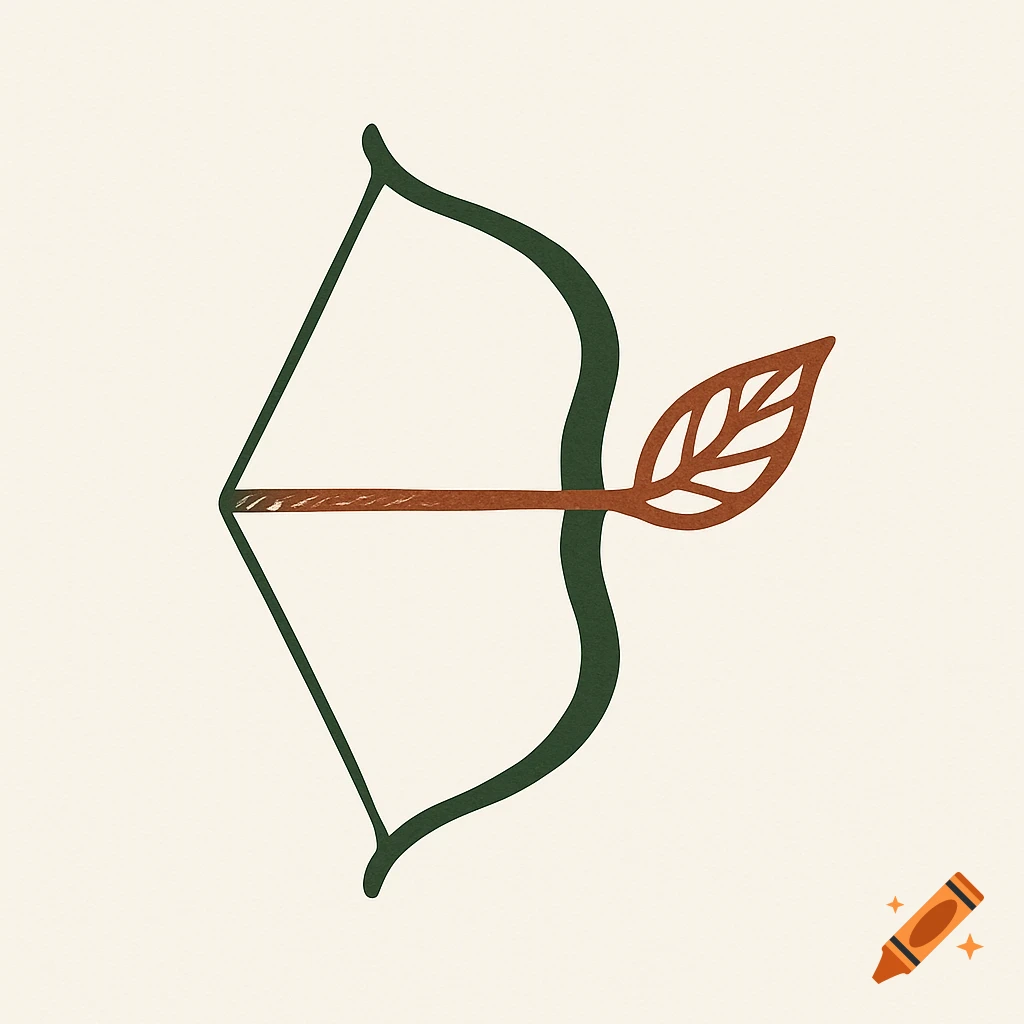 Minimalist logo of a dark green bow and a brown arrow with a stylized leaf fletching.