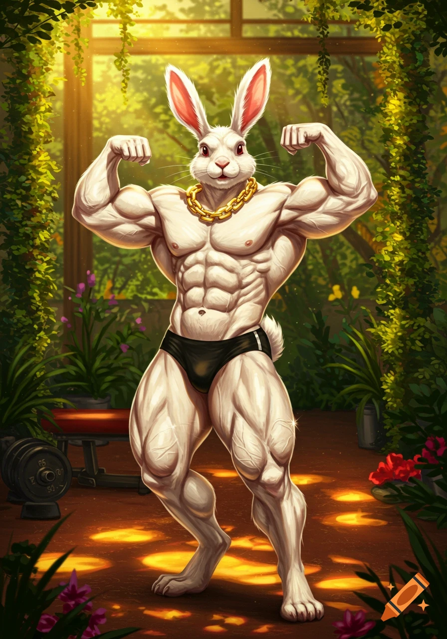 A highly muscular, anthropomorphic white rabbit in black briefs and a gold chain, flexing its biceps in a sunny, green outdoor setting.