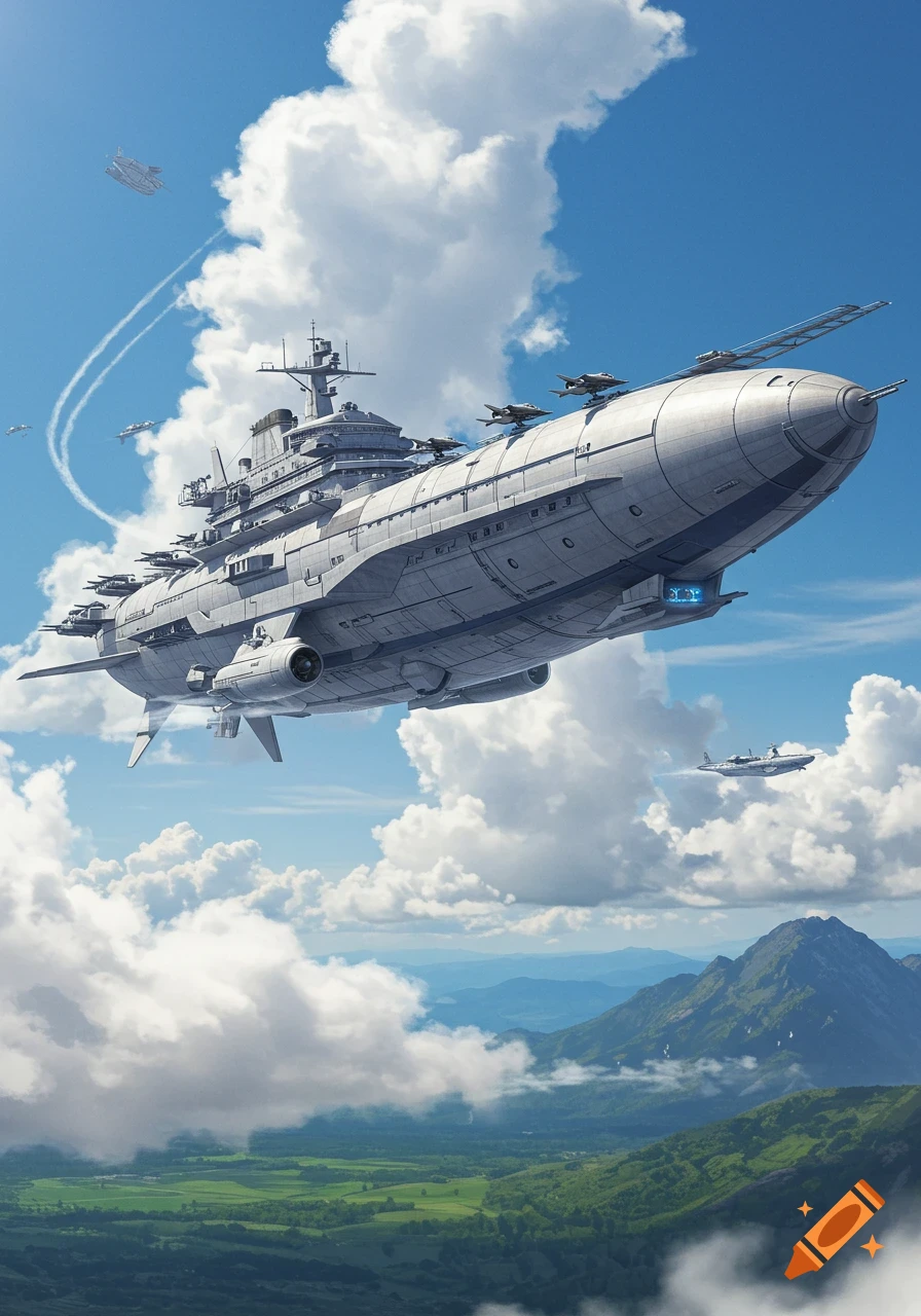 A massive, futuristic grey airship with smaller aircraft on its deck, flies high in a blue sky filled with white clouds above green mountains.