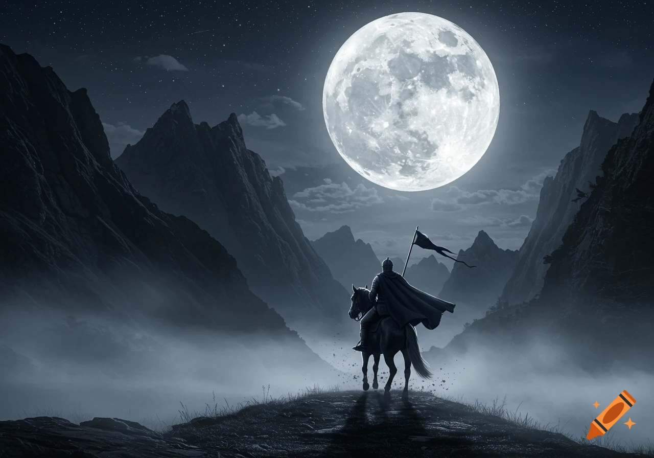 A knight on horseback stands silhouetted on a ridge against a colossal full moon and misty mountains at night.