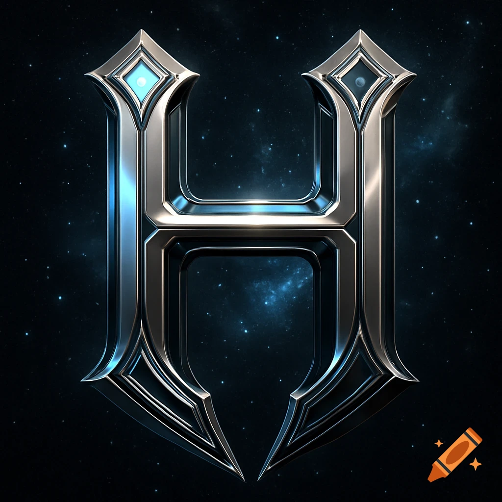 Stylized metallic letter H with glowing blue accents against a starry space background.
