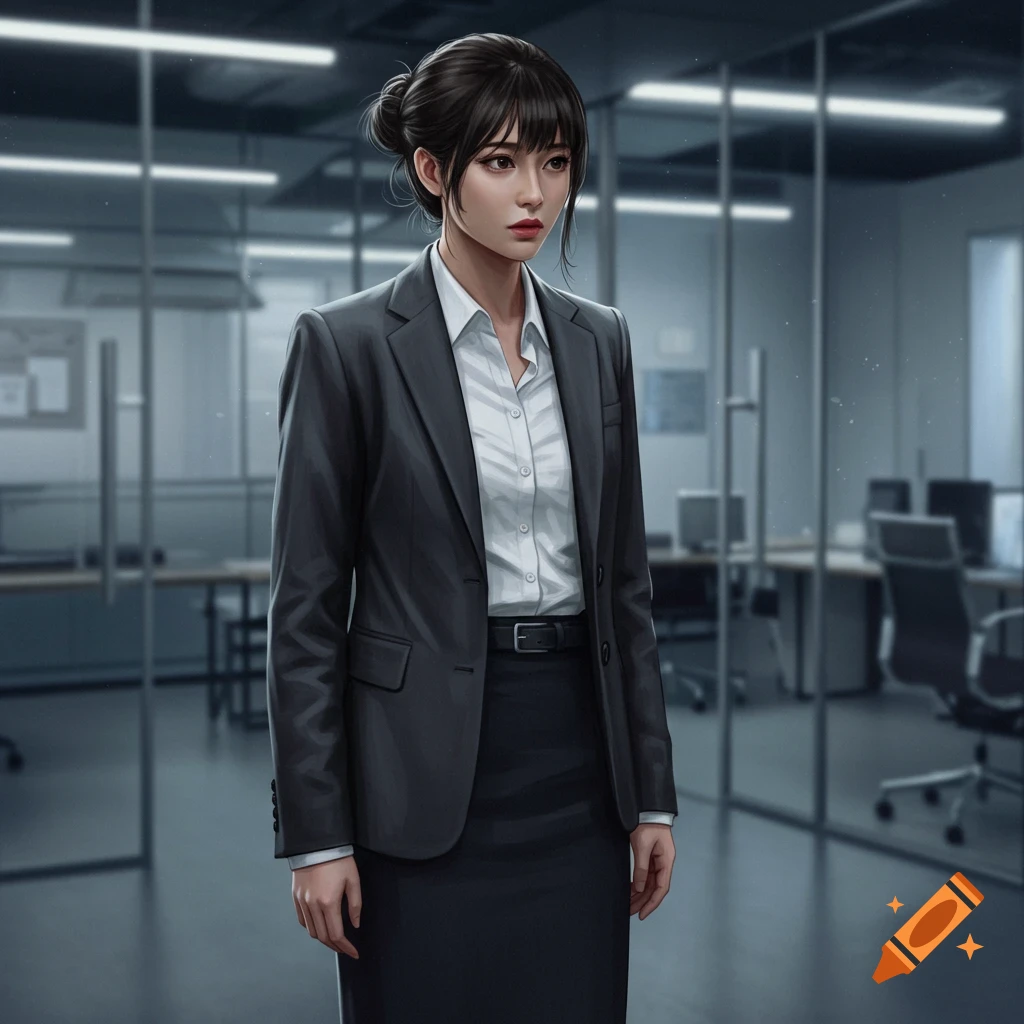 A serious young woman in a dark business suit stands in a modern glass office.