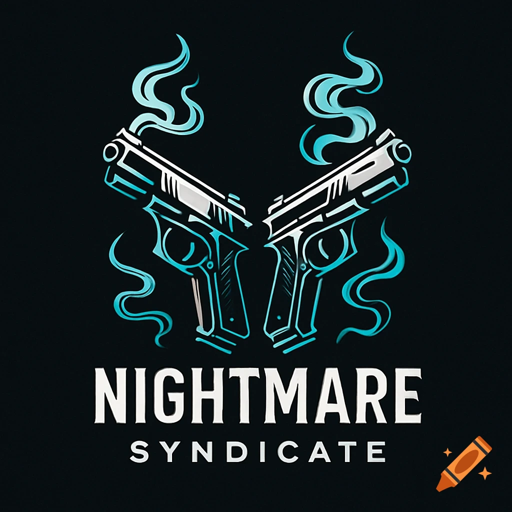 Stylized logo with two crossed pistols with teal smoke on a dark background. White text reads 'NIGHTMARE SYNDICATE'.