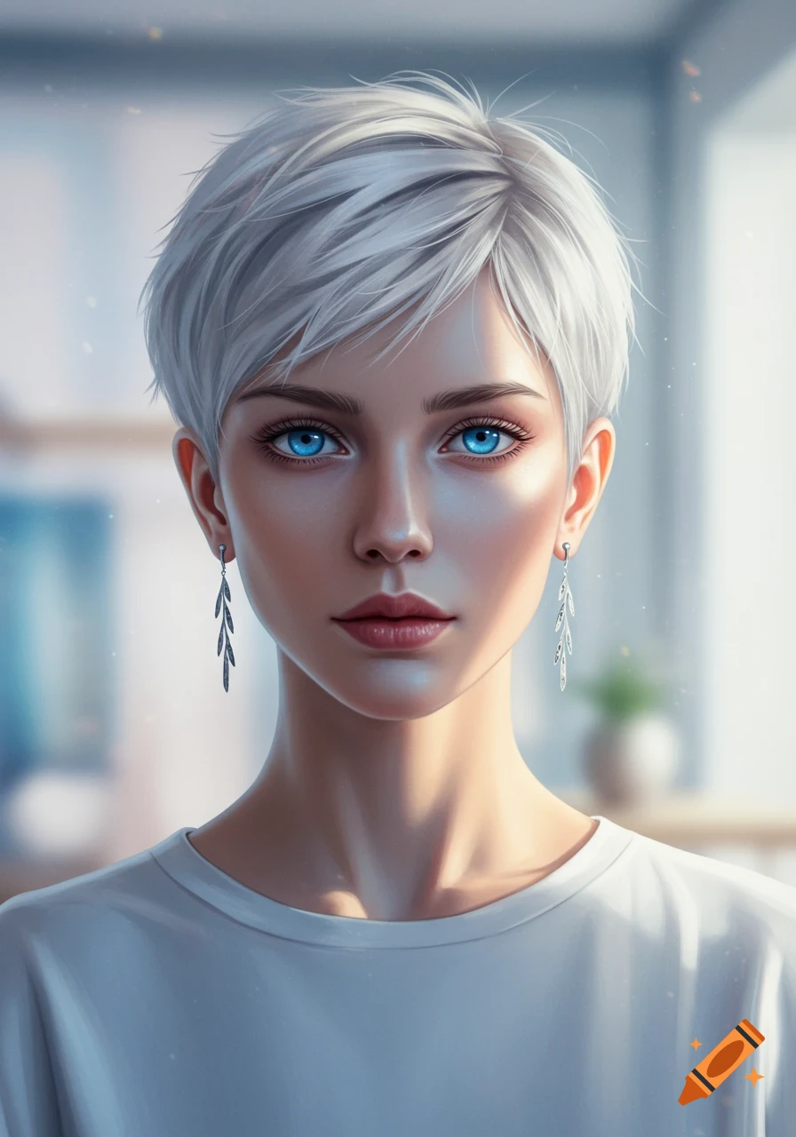 Photorealistic portrait of a woman with short white hair, bright blue eyes, and dangling earrings.