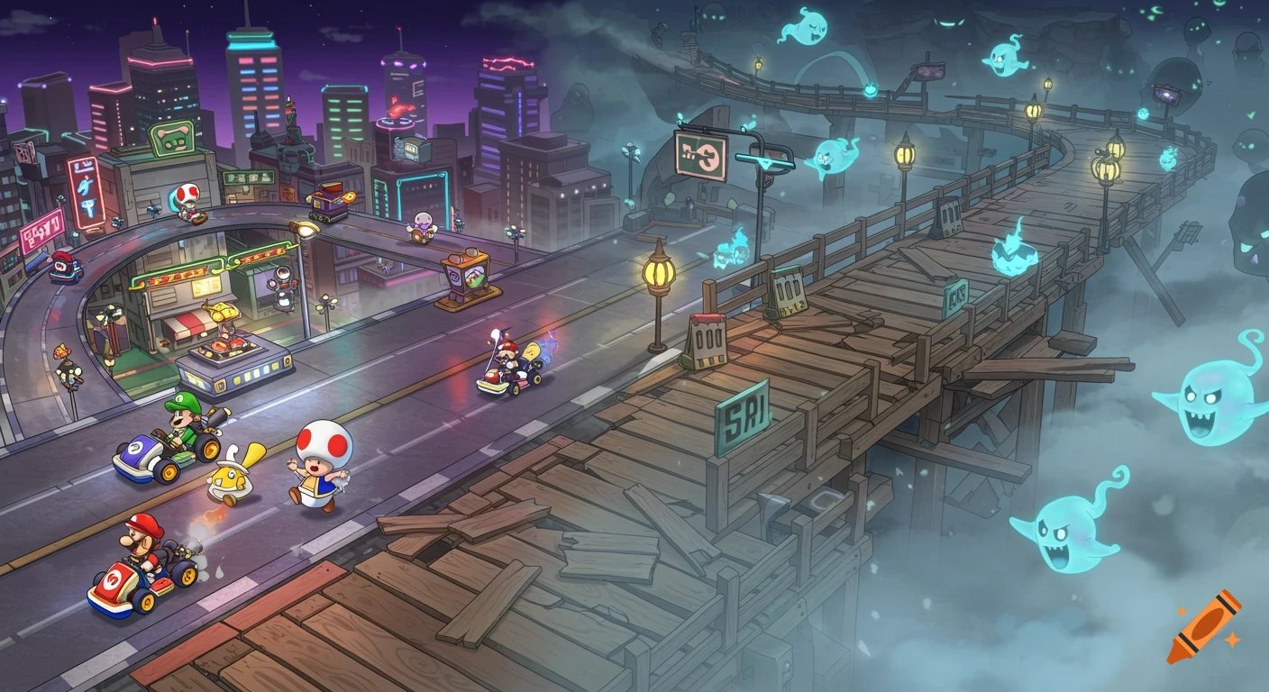Mario, Luigi, and Toad race karts through a vibrant city merging into a spooky, misty wooden bridge filled with Boo ghosts, in a cartoon video game style.