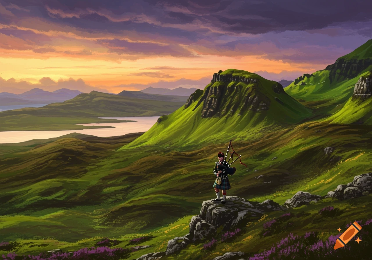 A digital painting of a bagpiper on a rock overlooking a vast green mountain landscape and lake at sunset.