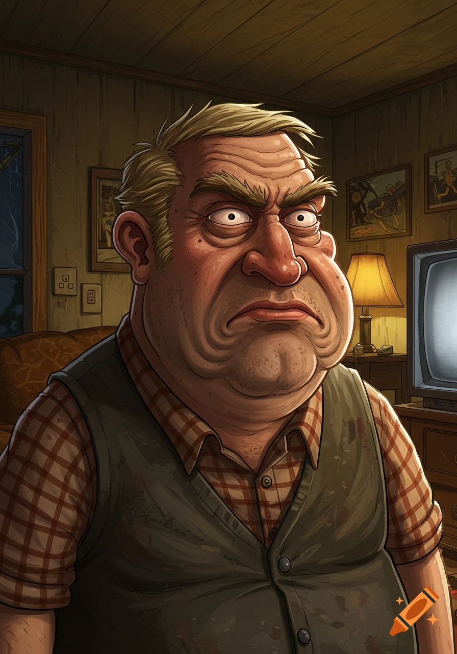 A cartoon caricature of a grumpy, middle-aged man with wide eyes and a frown, wearing a plaid shirt and vest, in a dimly lit room.