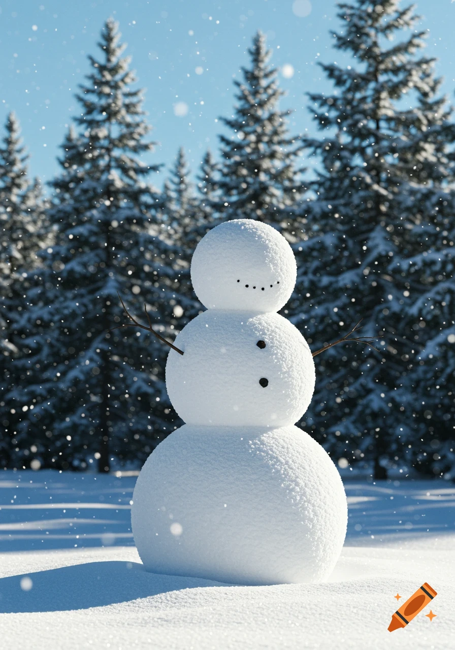 A photorealistic snowman stands in a snowy forest with falling snow.