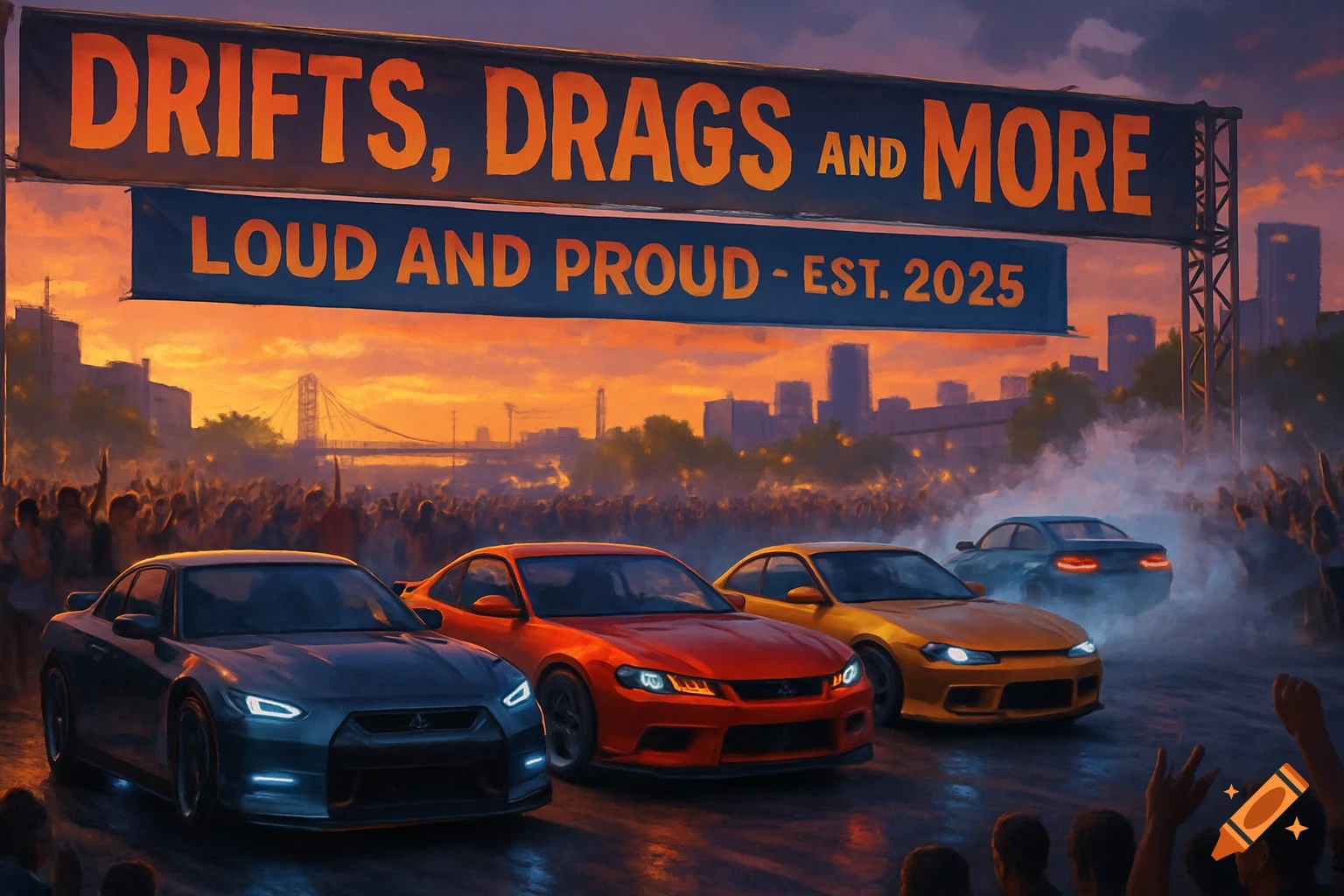 Four sports cars on a track with a crowd and city skyline at sunset, under banners reading "DRIFTS, DRAGS AND MORE" and "LOUD AND PROUD - EST. 2025".