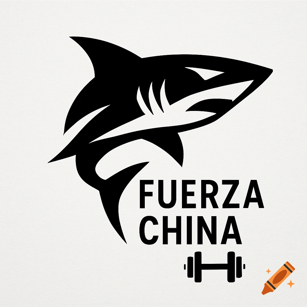 A black and white logo featuring a stylized shark above the words 'FUERZA CHINA' and a dumbbell icon.