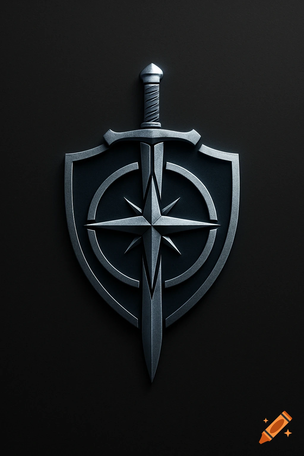 A metallic emblem featuring an interlocking sword, shield, and compass star, rendered in a dark, sleek style.