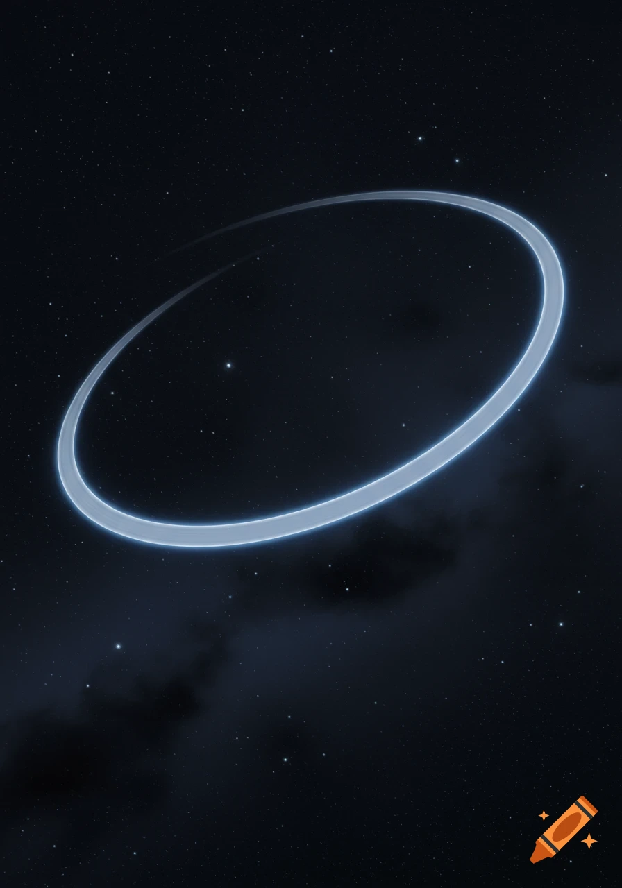 A glowing light blue oval ring in a dark space filled with stars and faint nebulas.