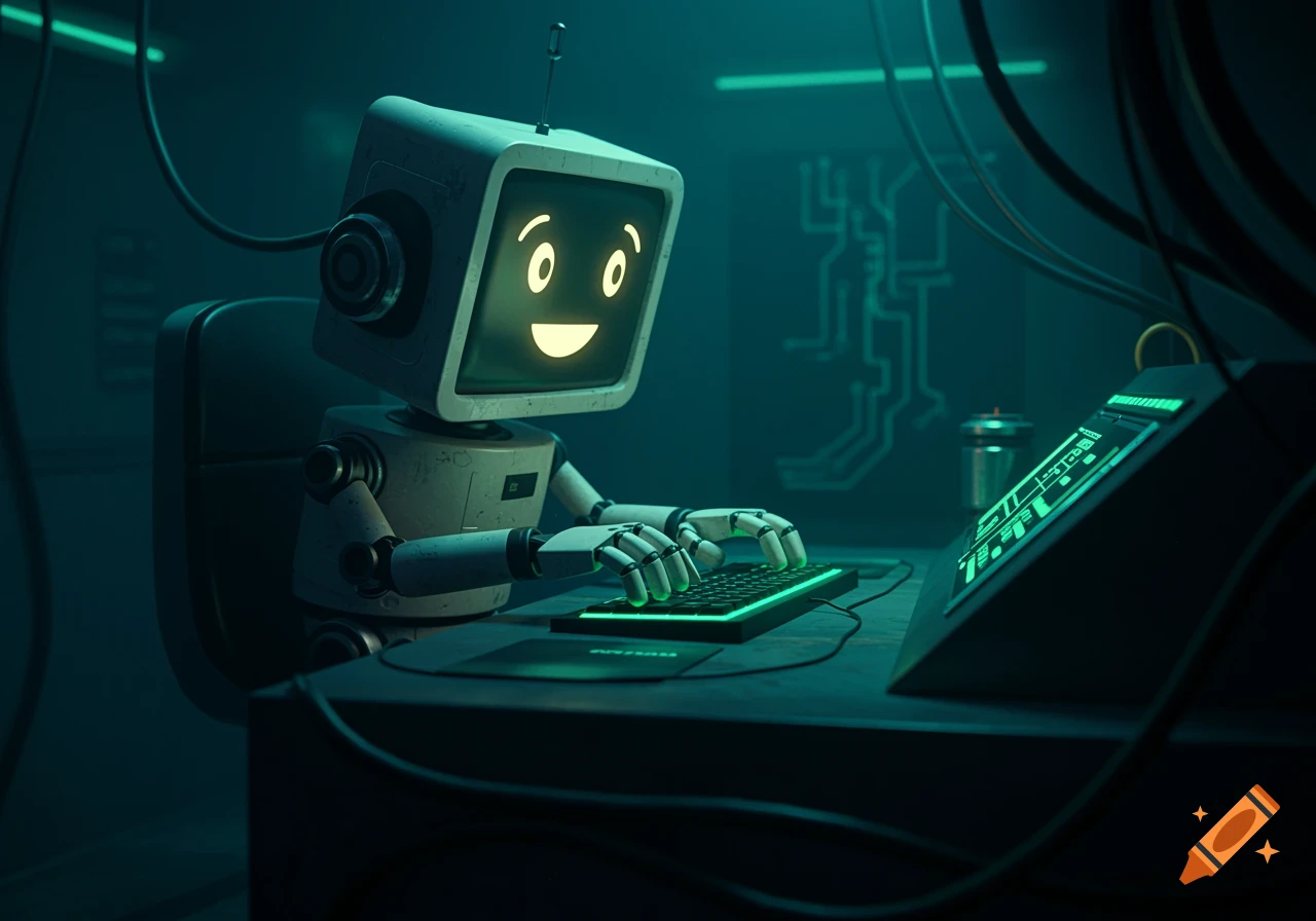 A friendly robot with a glowing smiley face on its screen sits at a desk, typing on a green illuminated keyboard in a dark, futuristic computer lab.