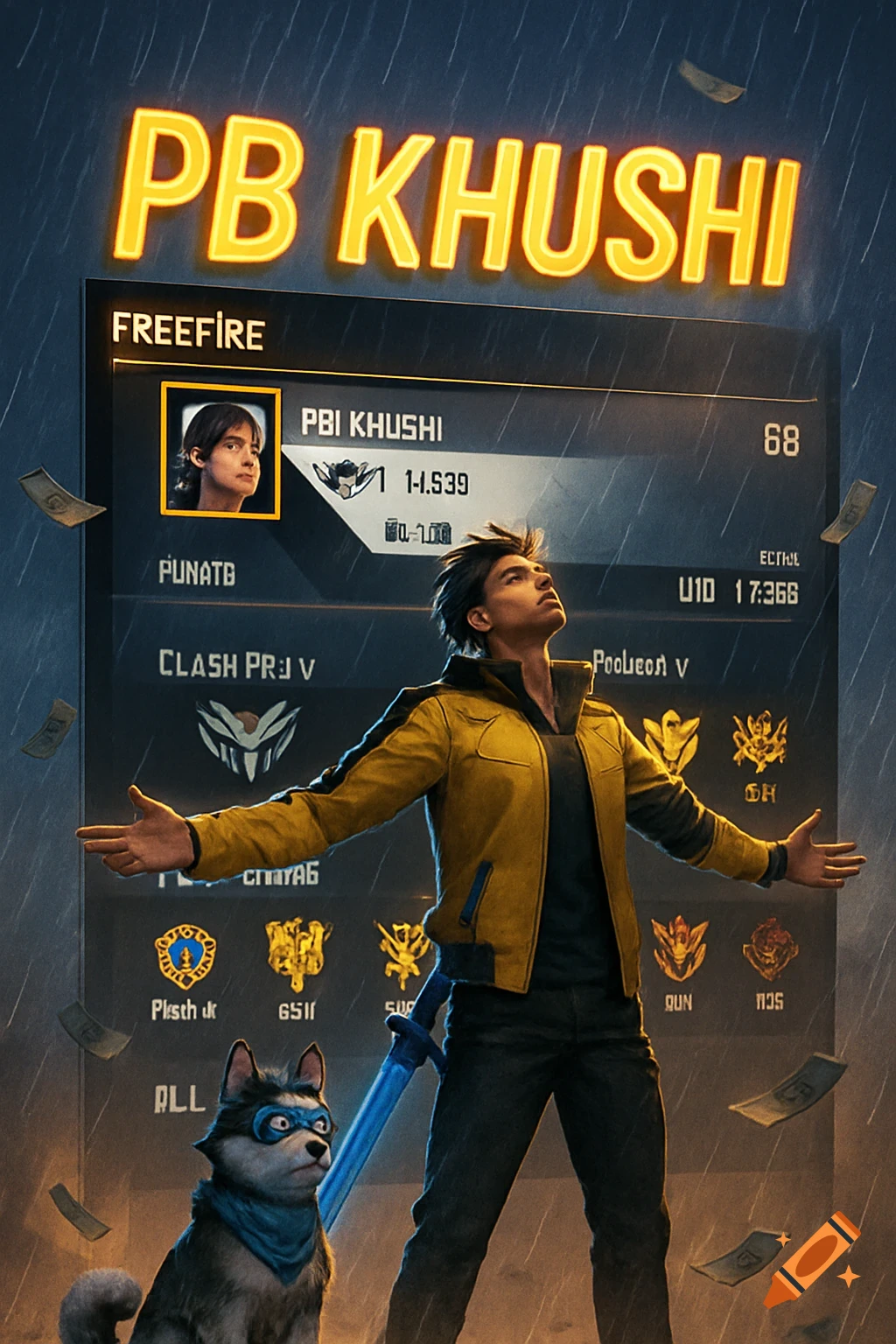A male character in a yellow and black jacket with arms outstretched, looking up in the rain, with a glowing blue sword by his side and a dog wearing a blue bandana and goggles. Behind him is a large screen displaying a Free Fire game profile with stats and icons, and money floats around.