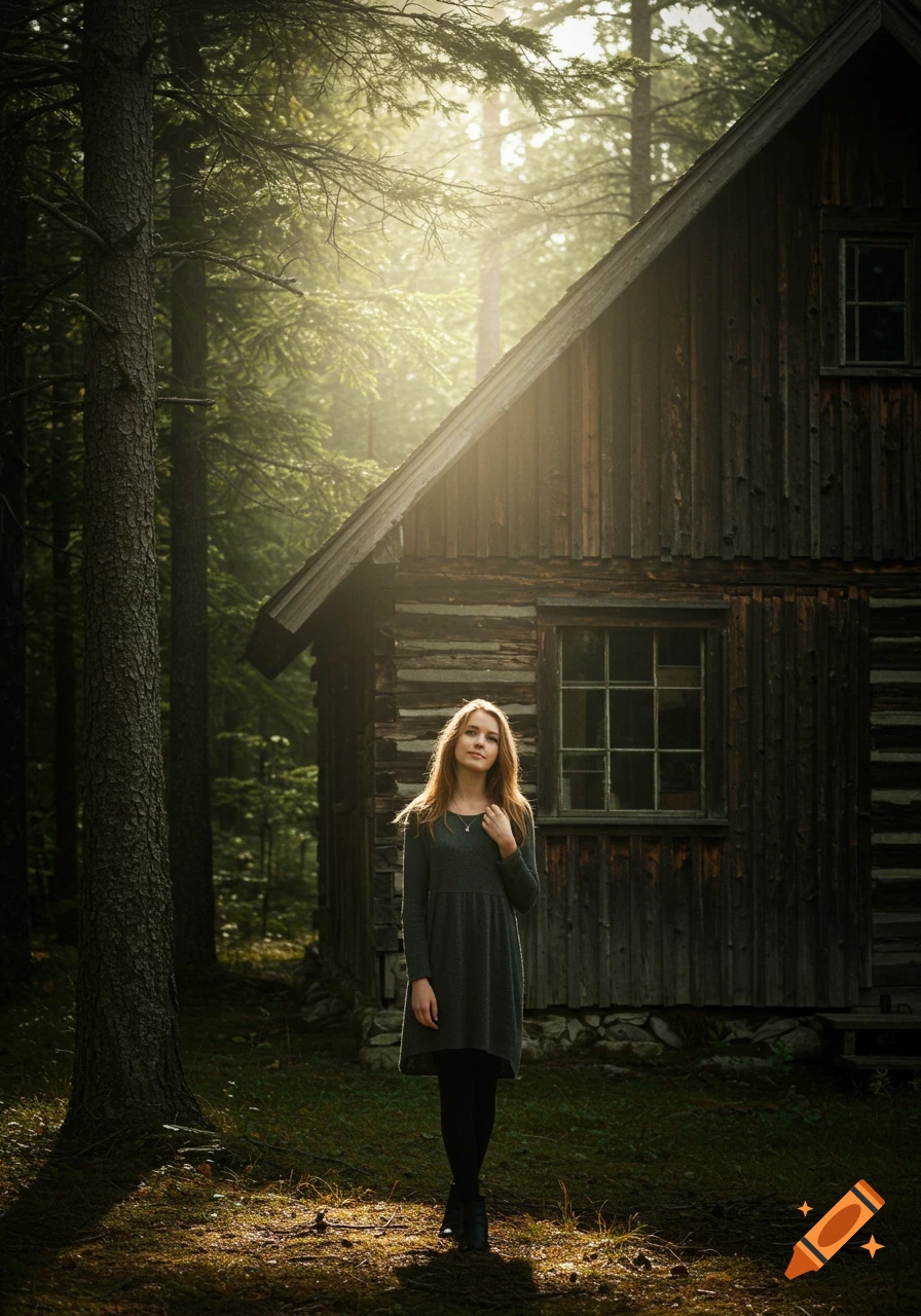 A portrait of a young woman in a gray dress, standing in front of a rustic wooden cabin in a sun-dappled forest.