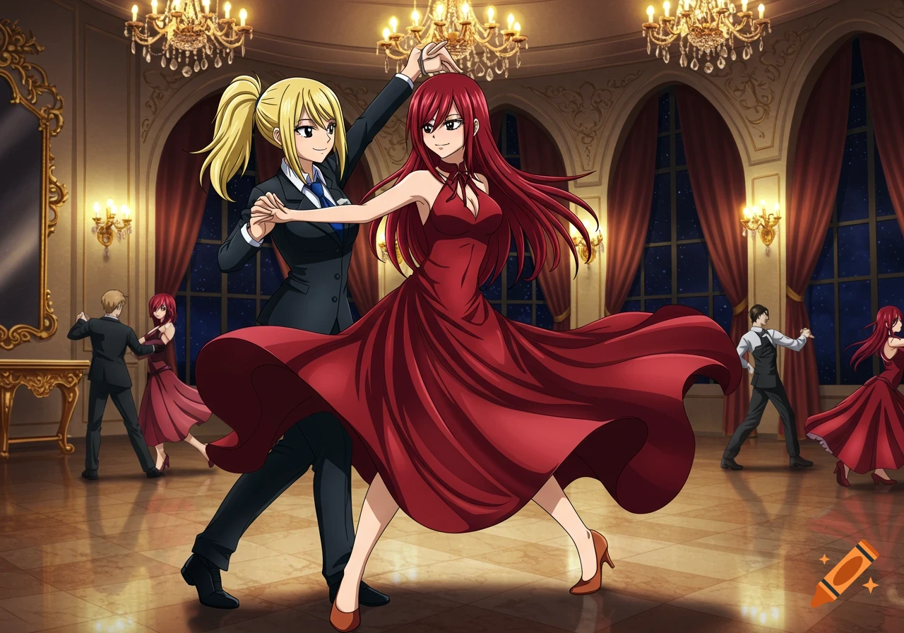 Two anime characters, one in a black suit and one in a flowing red dress, dancing in a brightly lit ballroom with chandeliers.