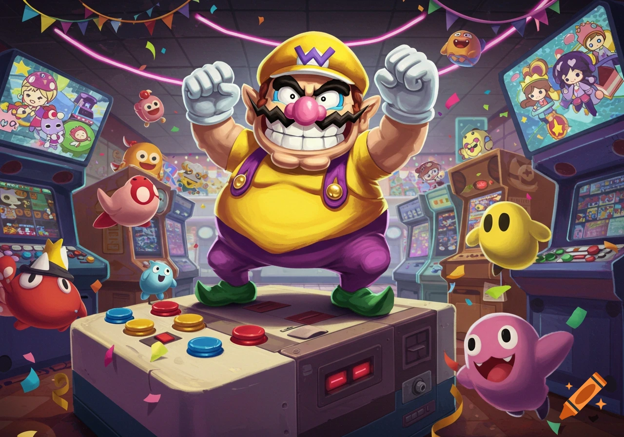 Wario stands victoriously on a game console in a vibrant arcade, surrounded by confetti and small cartoon creatures.