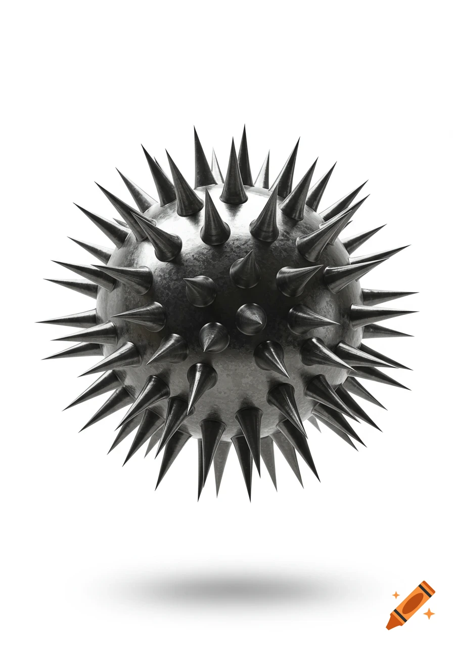 A dark metallic sphere covered in sharp spikes with a shadow on a white background.