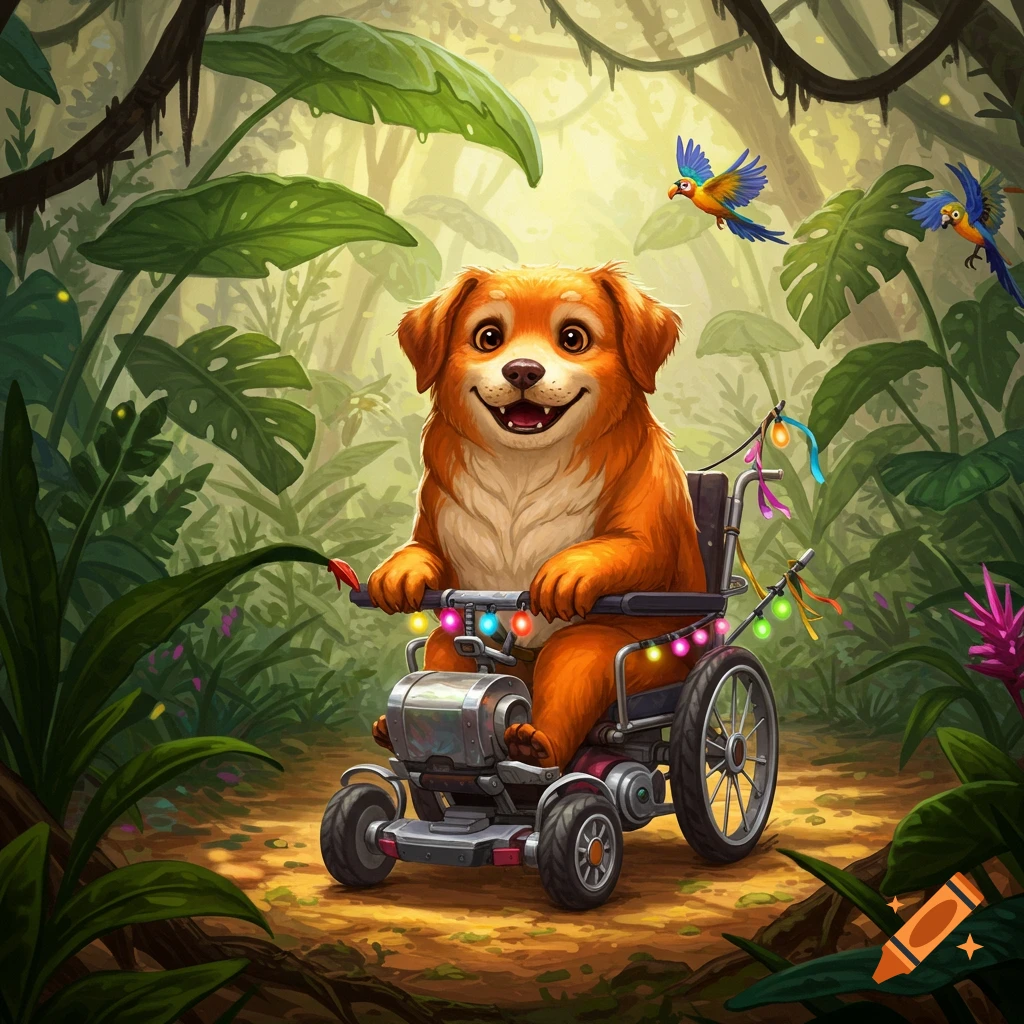 A cute, happy, orange dog in a decorated wheelchair on a jungle path, with colorful parrots flying above.