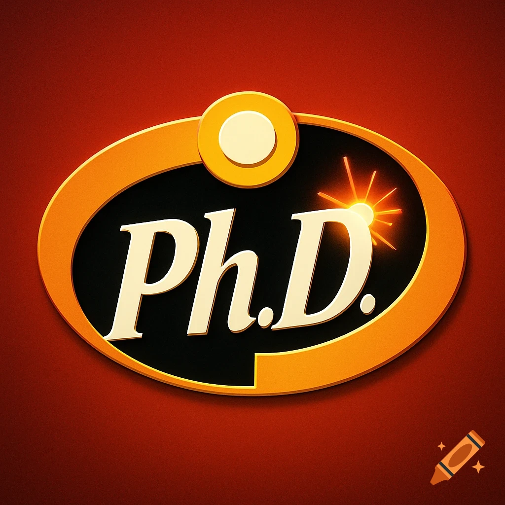 A red background features an orange and black oval logo with the cream-colored text 'Ph.D.' The period in 'Ph.D.' is a glowing, star-like burst.