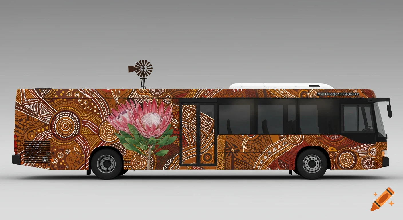 Side view of a modern bus with vibrant Aboriginal dot art patterns, featuring a large pink protea flower and a windmill on the roof.