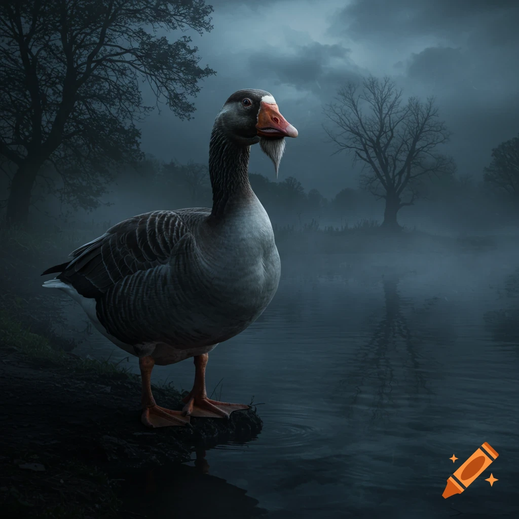 A photorealistic gray goose with a white goatee stands by a misty, dark lake under a cloudy sky with bare trees.