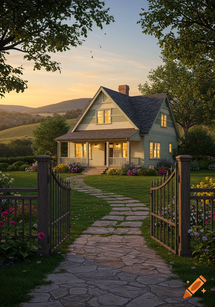 A quaint house with a porch and lit windows, surrounded by a lush garden with colorful flowers and a stone path, at sunset.