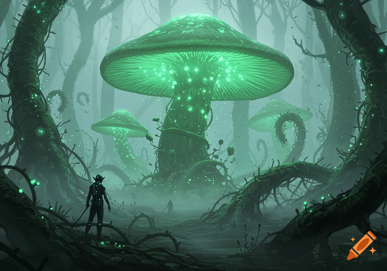 Two silhouetted figures stand in a misty, eerie forest with giant glowing green mushrooms and twisted, vine-like structures.