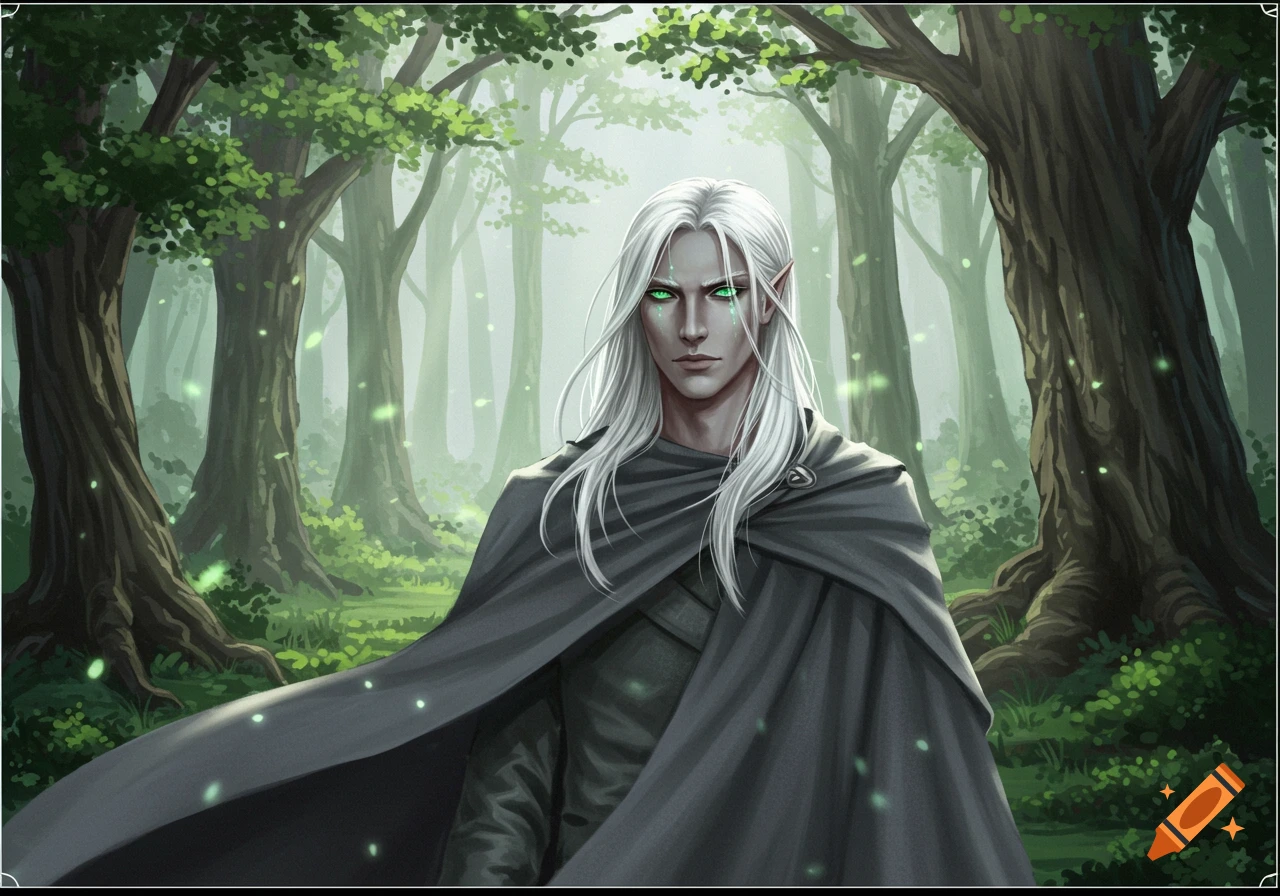 A white-haired elf in a gray cloak with glowing green eyes stands in a mystical, misty forest.