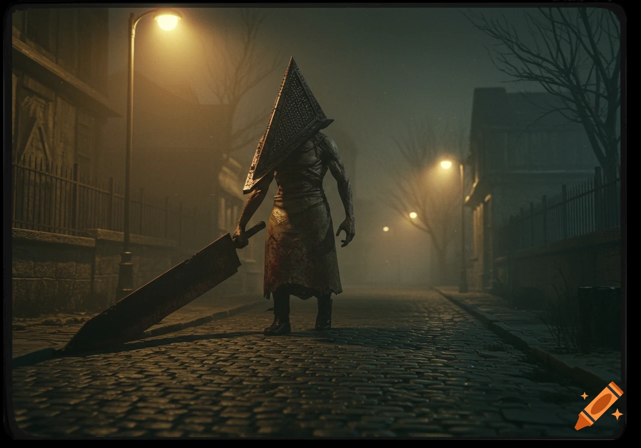 Pyramid Head walks up a misty, cobblestone street at night, holding a large great knife. Streetlights illuminate the dark, eerie scene.