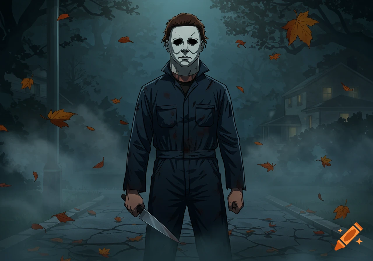 Michael Myers in an anime art style, holding a knife, standing on a cracked street with autumn leaves in a dark, misty neighborhood.