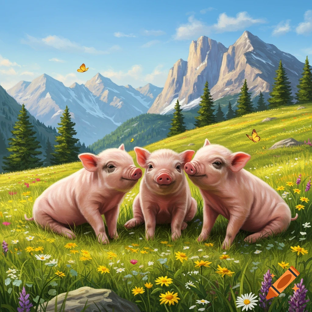 Three cute baby pigs sit among colorful wildflowers in a lush mountain meadow with majestic peaks under a blue sky, digital painting.