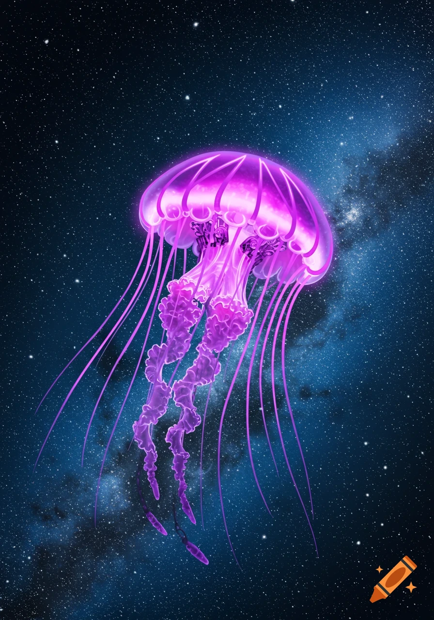 A fluorescent purple jellyfish with long tentacles floats in dark space, with a starry Milky Way galaxy visible in the background.