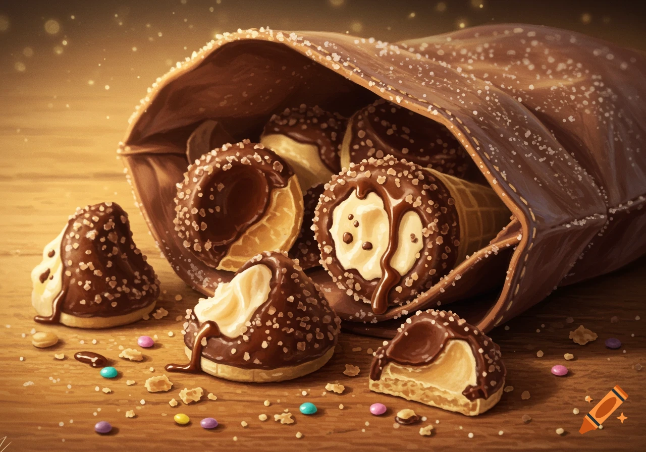 Chocolate-covered pastries spilling from a brown bag onto a wooden surface, with sprinkles and candies.