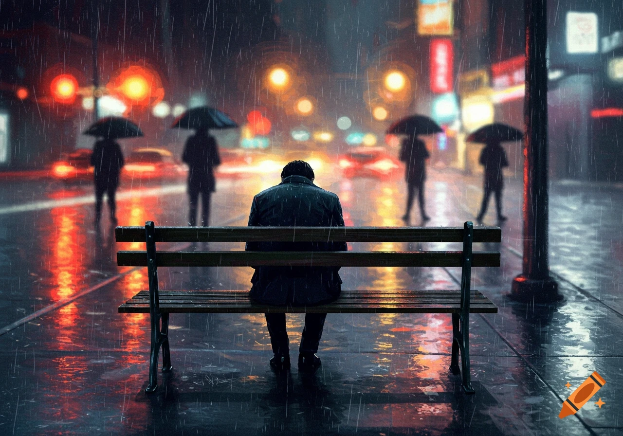A lone man sits on a bench in the pouring rain on a busy city street at night, with blurred lights and traffic.