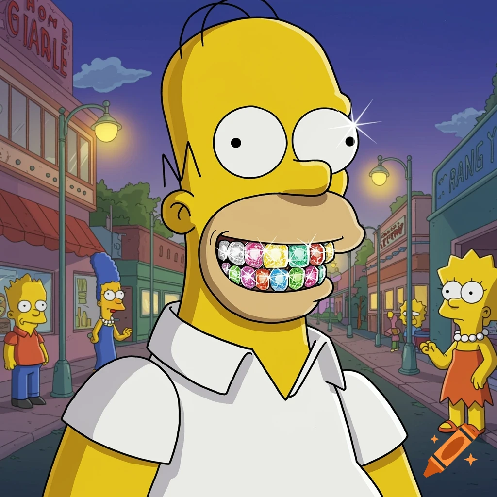 Homer Simpson in The Simpsons style, wearing sparkling diamond grills, with Bart, Marge, and Lisa in the background on a street.
