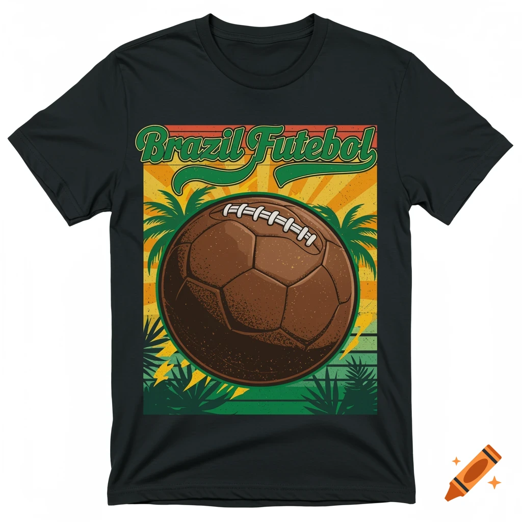 Black T-shirt with a retro design: brown leather football, palm trees, sun rays, and green 'Brazil Futebol' text over a sunset background.