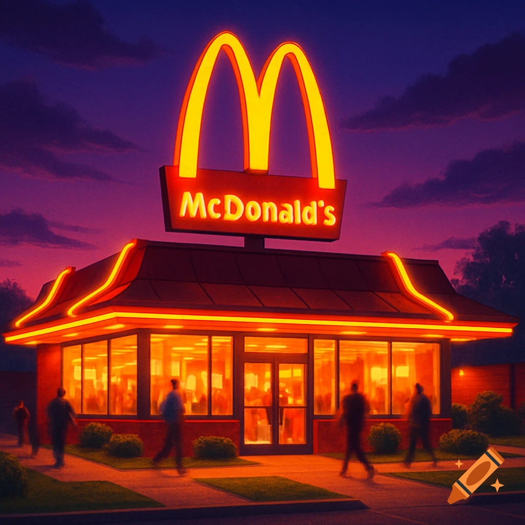A vibrant McDonald's restaurant at dusk, lit by bright neon signs, with a few blurry figures walking outside.
