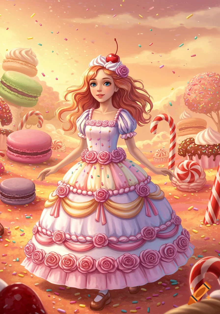 A girl with long reddish-blonde hair and a dress adorned with candy details stands in a vibrant candy land surrounded by giant macarons, cupcakes, and candy canes.