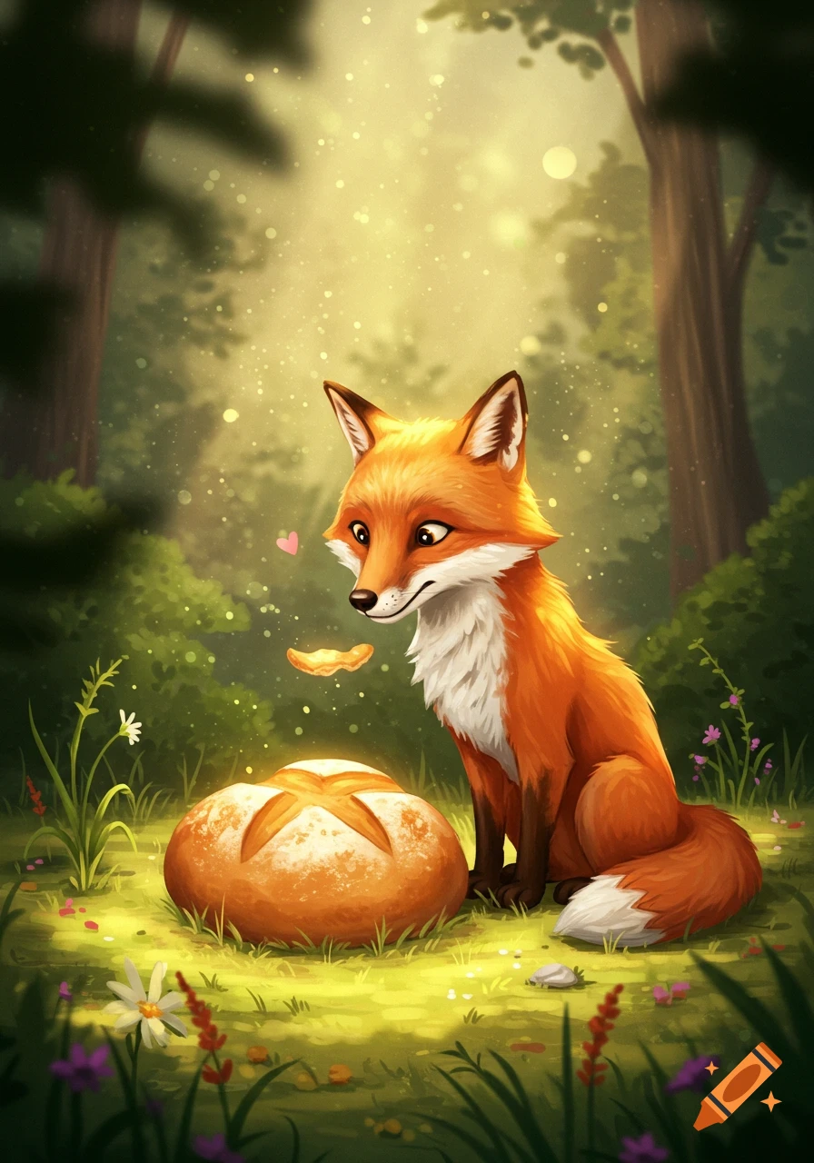 A stylized red fox with white fur sits in a sunlit forest next to a round loaf of bread, looking at a small floating piece of crust above the bread.