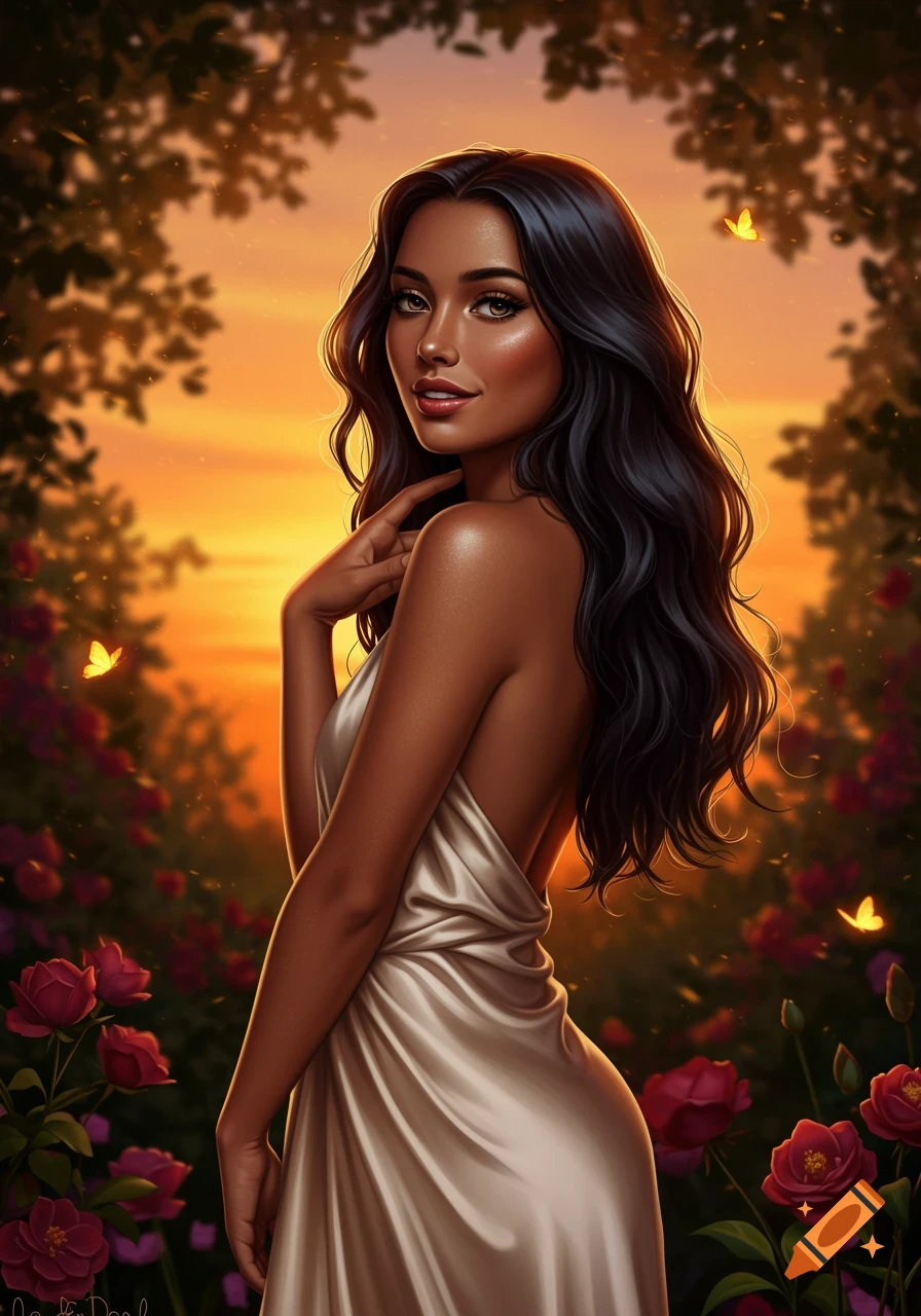 A beautiful woman with long dark hair in a low-back dress stands in a vibrant garden at sunset.