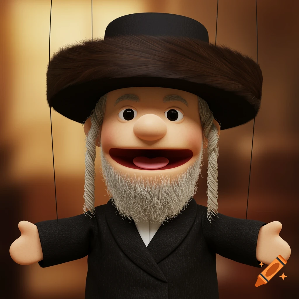 A 3D rendered hand puppet of a Hasidic Jew wearing a large fur hat and a black coat, with white beard and payot.