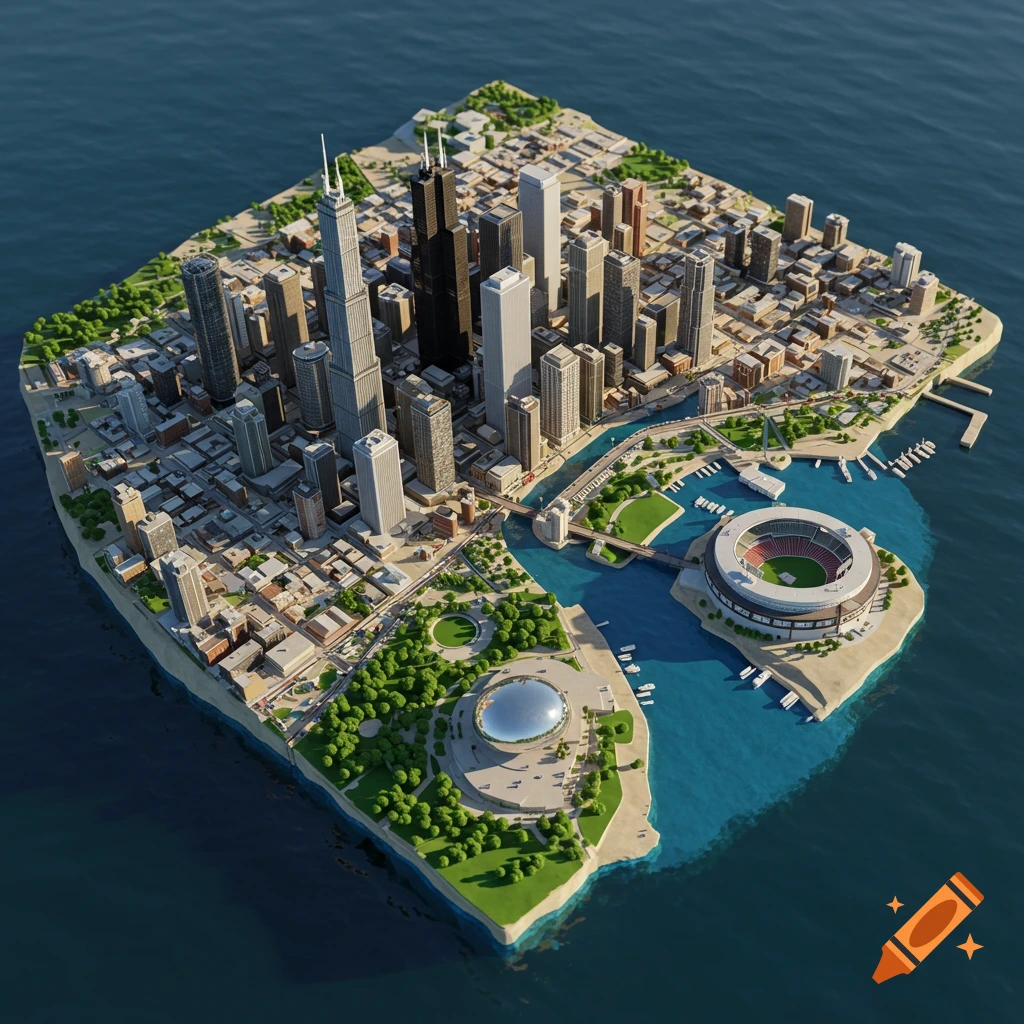 Detailed miniature Chicago cityscape on a diamond island, featuring Willis Tower, Cloud Gate, and a stadium, surrounded by water.