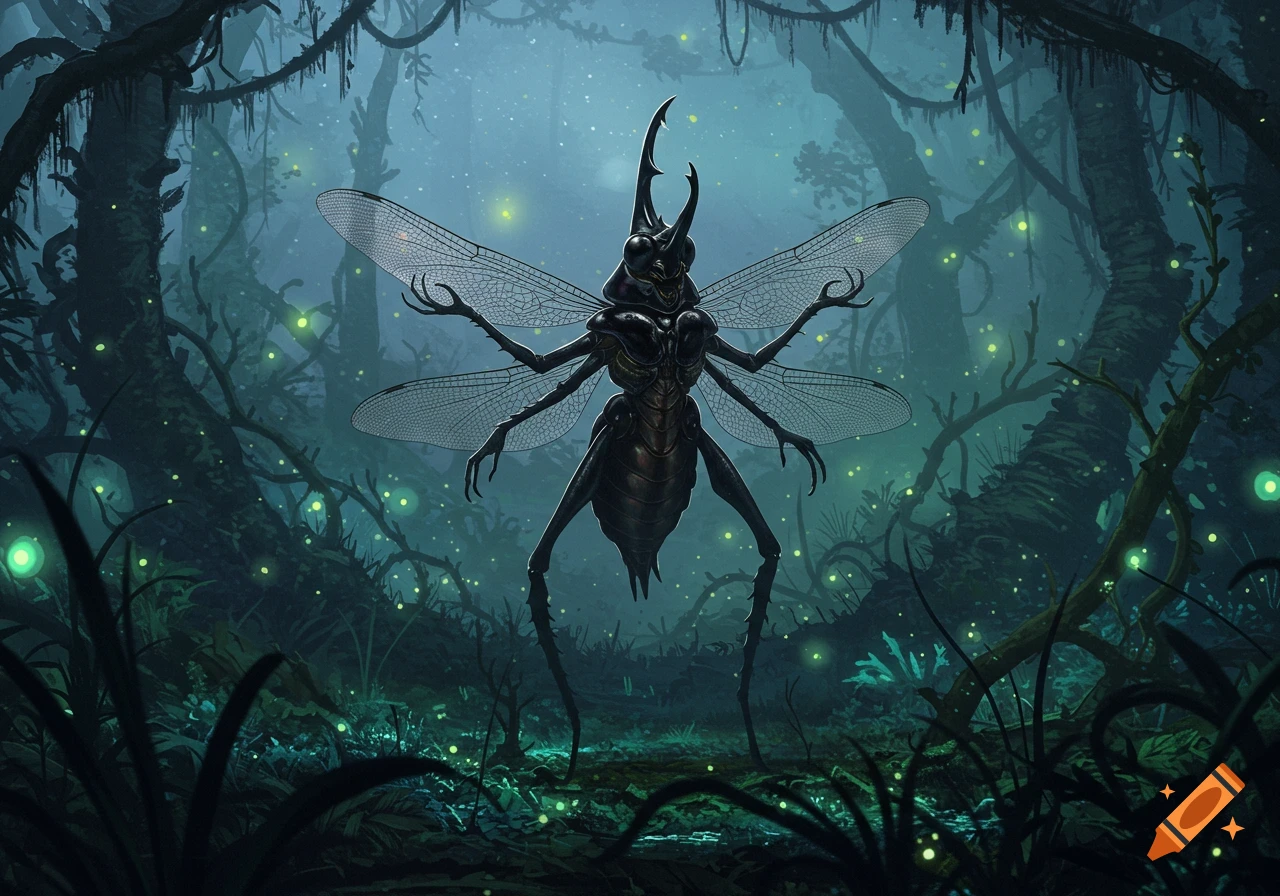 A dark, misty forest with glowing fireflies illuminates a standing, winged rhino beetle-like alien creature with multiple limbs.