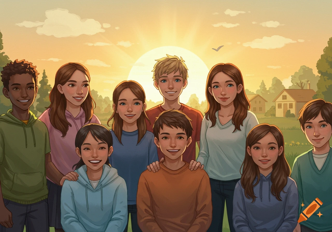 An illustration of a diverse group of young smiling children and teenagers standing together outdoors at sunset, with houses and trees in the background.