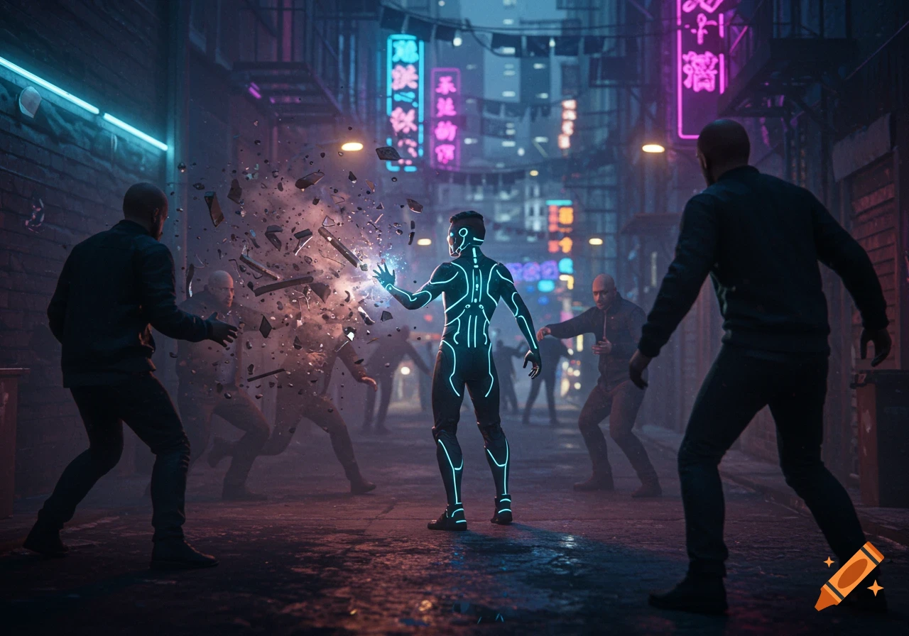 A person in a glowing suit uses telekinesis to blast debris at attackers in a neon-lit cyberpunk alley.