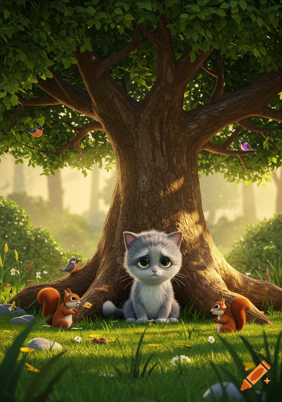 A sad gray kitten sits under a large tree with two squirrels and birds in a lush, green forest, in a 3D cartoon style.