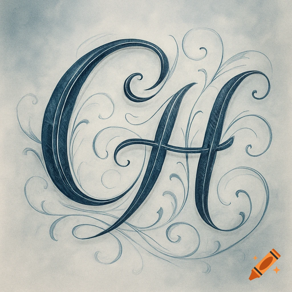 Decorative cursive capital C and H intertwined with flourishes on a light background, in an elegant, drawn style.